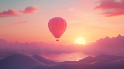 Fototapeta premium Hot air balloon gliding through colorful sky at sunset over distant mountains