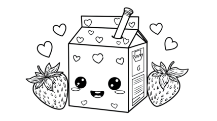 Kawaii strawberry milk carton cute pink dairy beverage box sweet drink packaging adorable illustration isolated on white background