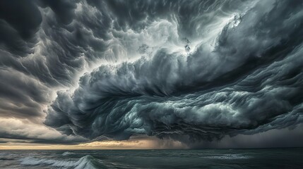 Dramatic cloud formations rolling over the ocean during a stormy evening sky