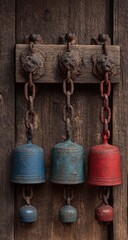 Three rusty colored bells, hanging from a weathered wooden plank