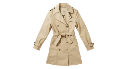Vector illustration of a classic beige trench coat with a belt, isolated on a transparent background, showcasing its timeless design and elegant silhouette for fashion and style