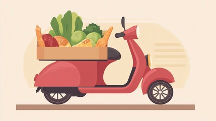 Food delivery scooter with fresh groceries parked on the street during daytime