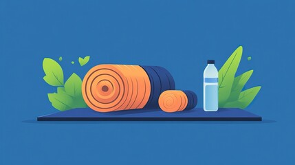 Flat design of a yoga mat and a water bottle on a blue background with green leaves