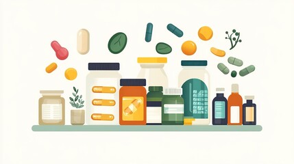 Variety of vitamins and supplements designed for seniors displayed on a clean, simple background