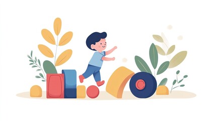 Child practices motor skills in a playful setting using colorful building blocks and nature elements