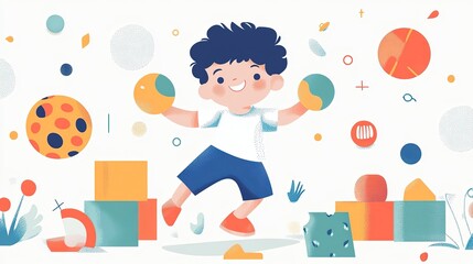 Child joyful in colorful play while practicing motor skills in a bright and cheerful environment