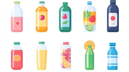 Flat icon set showing various beverages focused on hydration and nutrition for fitness enthusiasts