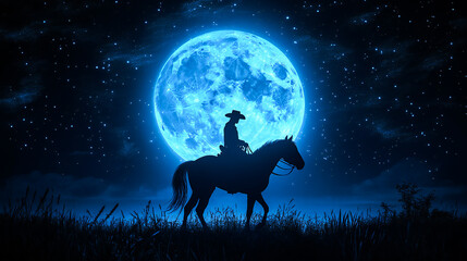 Silhouette of Cowboy Riding Horse at Night with Massive Blue Full Moon &ndash; Surreal Fantasy Landscape in Hand-Drawn 3D Digital Art Style