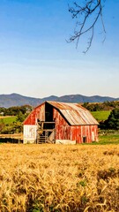 Red barn in a golden field with mountains
