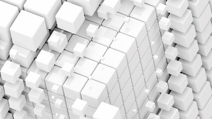 Abstract digital design featuring a 3D arrangement of white cubes in a geometric pattern set against a light background