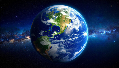 Obraz premium A stunning depiction of planet Earth, showcasing continents, oceans, and atmospheric details against a starry backdrop.