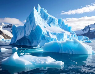 Majestic icebergs in a bright, sunny Antarctic landscape