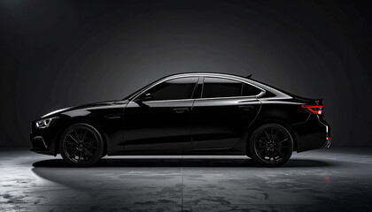 Obraz premium Sleek black sedan parked against a dark backdrop, showcasing its design.