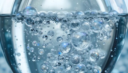 Clear glass vase with floating transparent bubbles in clean water