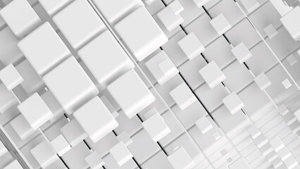 Abstract digital design featuring a 3D arrangement of white cubes in a geometric pattern set against a light background