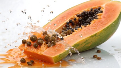 Papaya half explosion with refreshing splash, exotic fruit indulgence, vibrant freshness and on AI generated