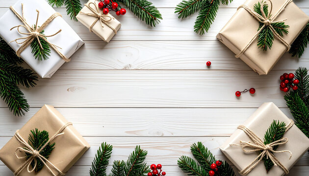 Christmas presents wrapped in brown and white paper, decorated with greenery on a white wooden background.