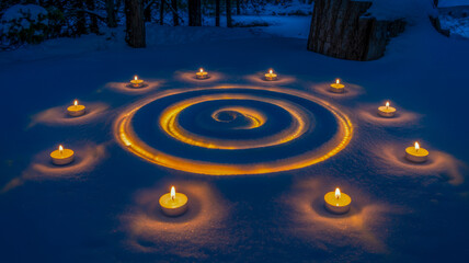 Serene winter night scene with glowing spiral candle arrangement on fresh snow, creating magical ambiance for reflection and peace.