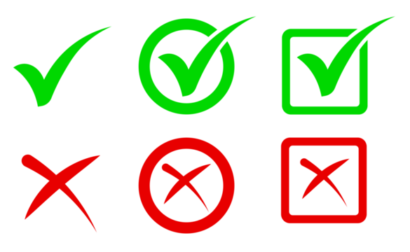Set of green checkmark, red cross, x mark icon, flat rounded right and wrong sign concept Png. tick mark symbol and x cross icon