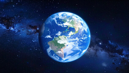 A stunning view of planet Earth in space, showcasing continents and oceans against a starry background.