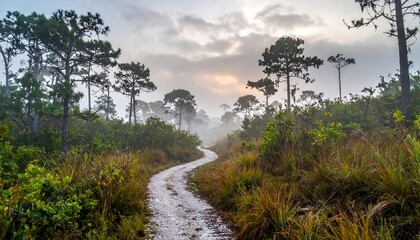 Obraz premium Misty forest path at dawn
