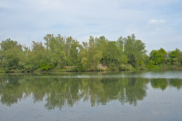 Lake with reflections of fresh green spring trees in the flemish countryside