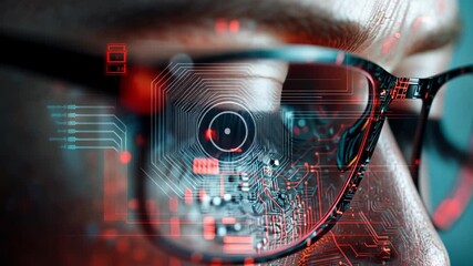 Cyber Vision: The image features a close-up view of eyeglasses with digital data overlayed on the lens, conveying a sense of technological integration. - Powered by Adobe