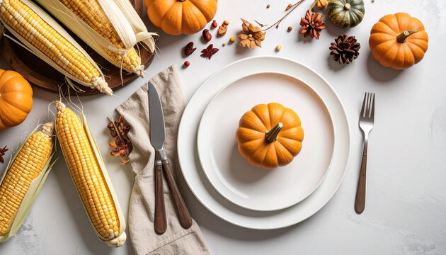 Thanksgiving table setting with pumpkins, corn, plates, and silverware, overhead view.