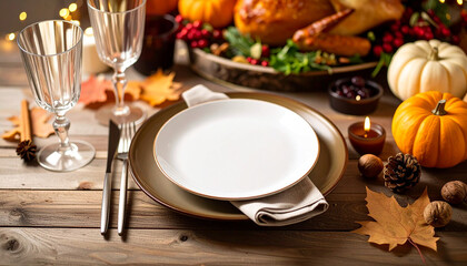 Thanksgiving table setting with pumpkins, candles, and autumn leaves, ready for a feast.