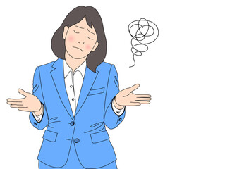 両手を広げて肩をすくめる お手上げポーズのビジネスウーマン女性のイラスト 上半身正面 カラー 青