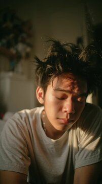 Wide shot of an Asian man, Japanese-Thai look, sitting on bed with exhausted expression, visible eye bags, messy hair with signs of hair loss, cinematic low light, 9:16