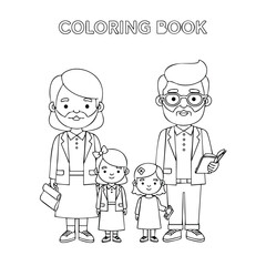 A family of four, including parents and two children, depicted in a playful and creative coloring book style.
