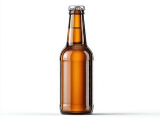 Classic amber glass beer bottle with condensation isolated on white background for branding and packaging
