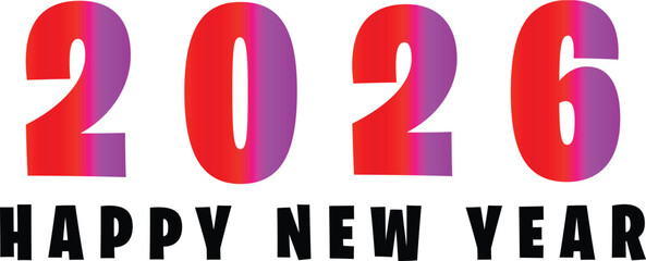 Happy new year 2026 text with pink and red gradient numbers and black text, isolated on white background