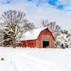 Red barn in winter snow