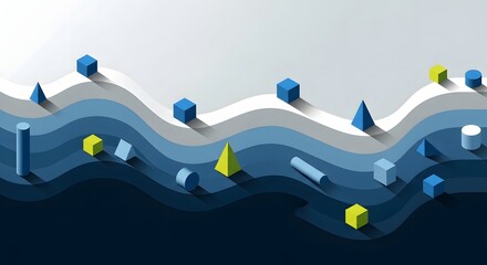 Isometric illustration of geometric shapes on wavy layers, blue and yellow color scheme.