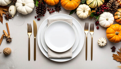 Overhead shot of a festive Thanksgiving table setting with pumpkins and autumn decorations.