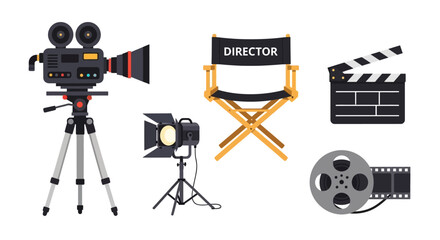 Obraz premium Capture the magic of filmmaking with this collection of vector illustrations, featuring a classic film camera, director's chair, clapperboard, and more! Perfect for cinematic projects