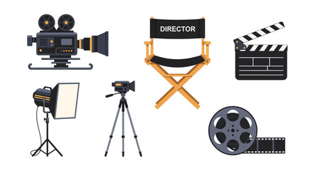 Obraz premium Film production essentials vector set Includes a vintage camera, director's chair, clapboard, studio lighting, tripod, and film reel, perfect for filmmaking and cinema projects