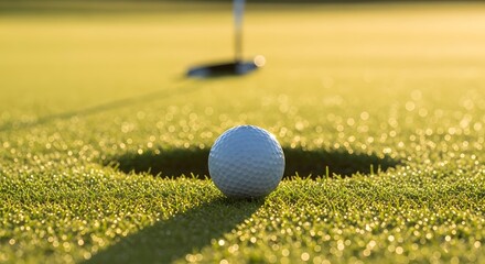 Close-up of a golf ball poised near the hole on a lush green putting green during sunset