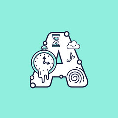 Naklejka premium Creative letter A illustration with doodle icons like a melting clock, hourglass, and musical notes on a turquoise background.
