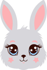 Cute pink bunny face illustration with big  eyes. Perfect for kids' design, apparel, and stickers.