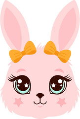 Cute pink bunny face illustration with bright yellow bows, big eyes, and starry cheeks. Ideal vector for kids' clothes and baby decor.