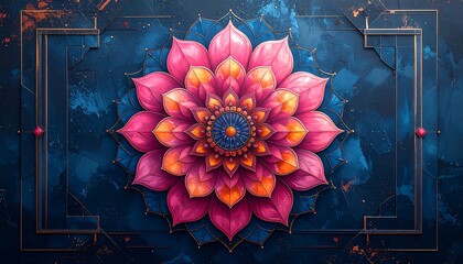 Colorful, symmetrical floral design with layered petals, set against a textured blue background and a decorative gold frame