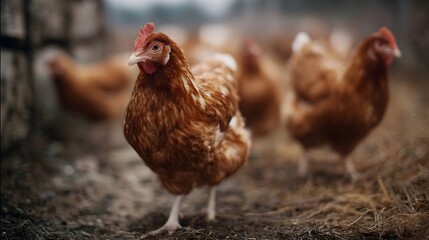 Fototapeta premium A rustic scene of free range brown chickens in a farmyard with a focus on one alert hen in natural outdoor light