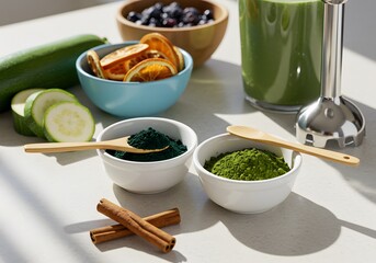 Fresh ingredients for healthy green smoothie preparation with zucchini blueberries and spices on a textured surface