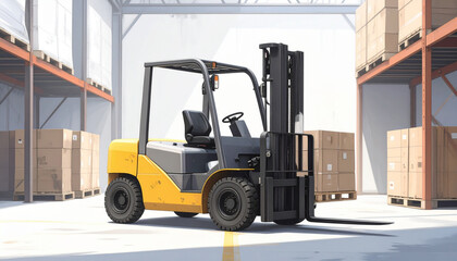 A yellow forklift stands in a warehouse, ready to move boxes and pallets.