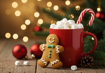 Cozy christmas scene with gingerbread man hot chocolate candy cane and festive bokeh lights warm holiday atmosphere for winter celebration
