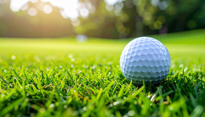 Obraz premium Close-up shot of a golf ball resting on the green grass of a golf course under sunlight.
