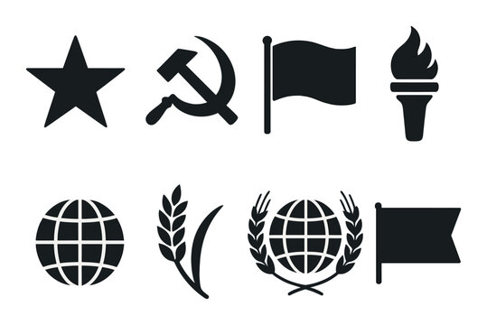 Communist symbols collection: star, hammer, sickle, flags, torch, globe, wheat